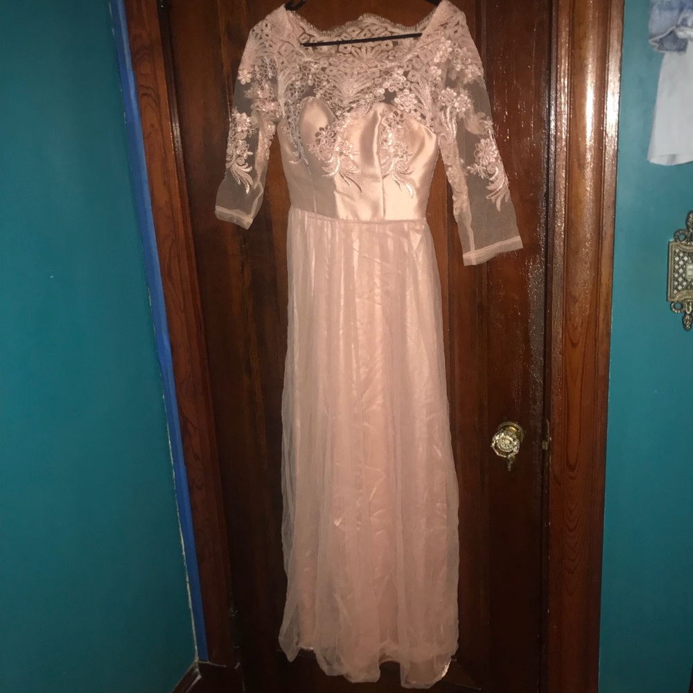 Nude 3/4 Sleeve Long Tulle Petite Dress